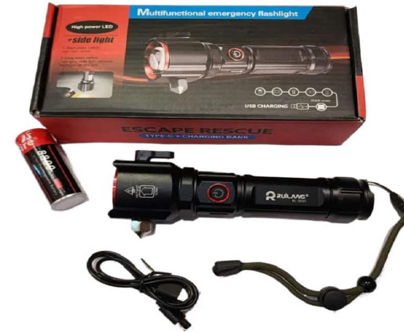 Ruilang RL-2210 Emergency Flashlight & Charging Bank – Waterproof 1KM LED Torch, 8800mAh Power Bank, Safety Cutter & Hammer