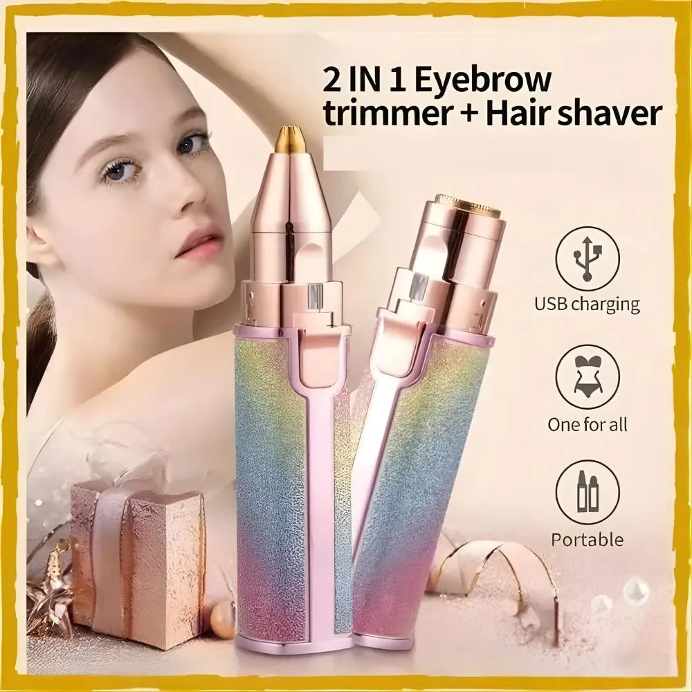 2 in 1 Eyebrow & Facial Hair Trimmer for Women – USB Rechargeable with Ring Light (Pink)